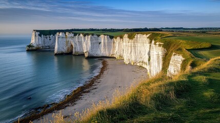 Serene Coastal Landscape with Dramatic White Cliffs and Calm Blue Waters at Dawn