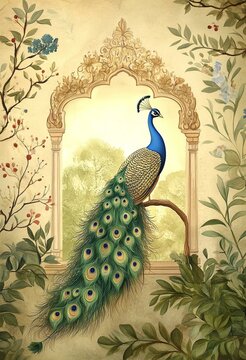 Mughal traditional art peacock arch forest garden plant botanical tree palace landscape Indian vector illustration