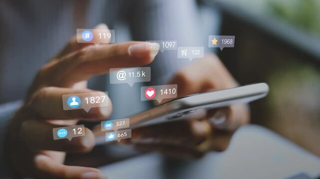 business woman using smartphone ,icons social media fly over showing people engagement connection through social network application platform,Concept viral video and social media marketing