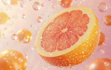 A juicy grapefruit half floating mid air with droplets of citrus juice suspended, pastel pink background