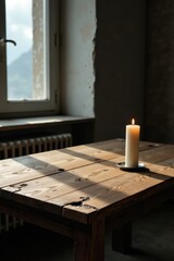 A single lit candle rests on a rustic wooden table bathed in sunlight streaming through a nearby window.