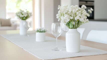 White flowers centerpiece on dining table, modern home interior, background blurred