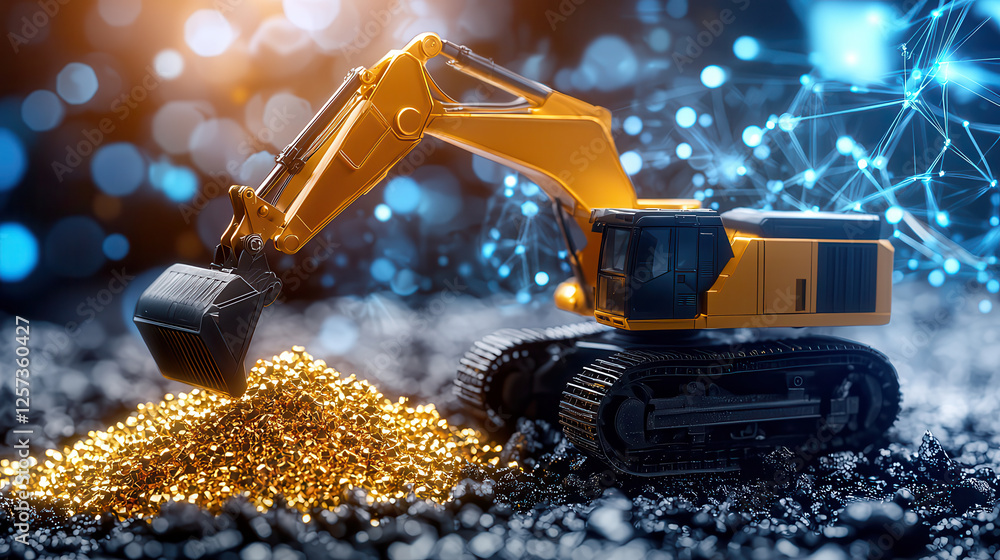 Poster miniature excavator operates on pile of gold, symbolizing advanced mining technology. background features digital network, highlighting innovation in sustainable mining practices