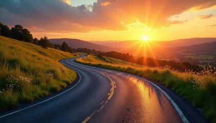 Sun-drenched asphalt road curves through vibrant spring countryside at sunset , natural beauty, meadow