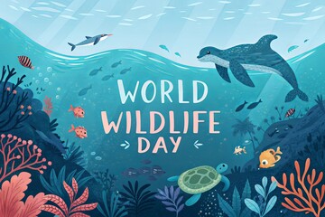 World Wildlife Day design with an underwater theme showcasing marine biodiversity.