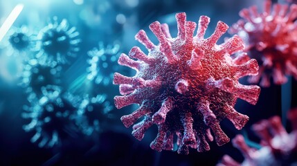 Fototapeta premium This striking 3D render captures a virus in red and blue colors, symbolizing contagion and research. Its intricate detail showcases the complexity of microscopic life and crises.