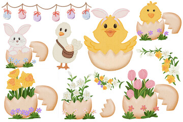 Hand drawn cartoon illustration of elements for decorating Easter postcards