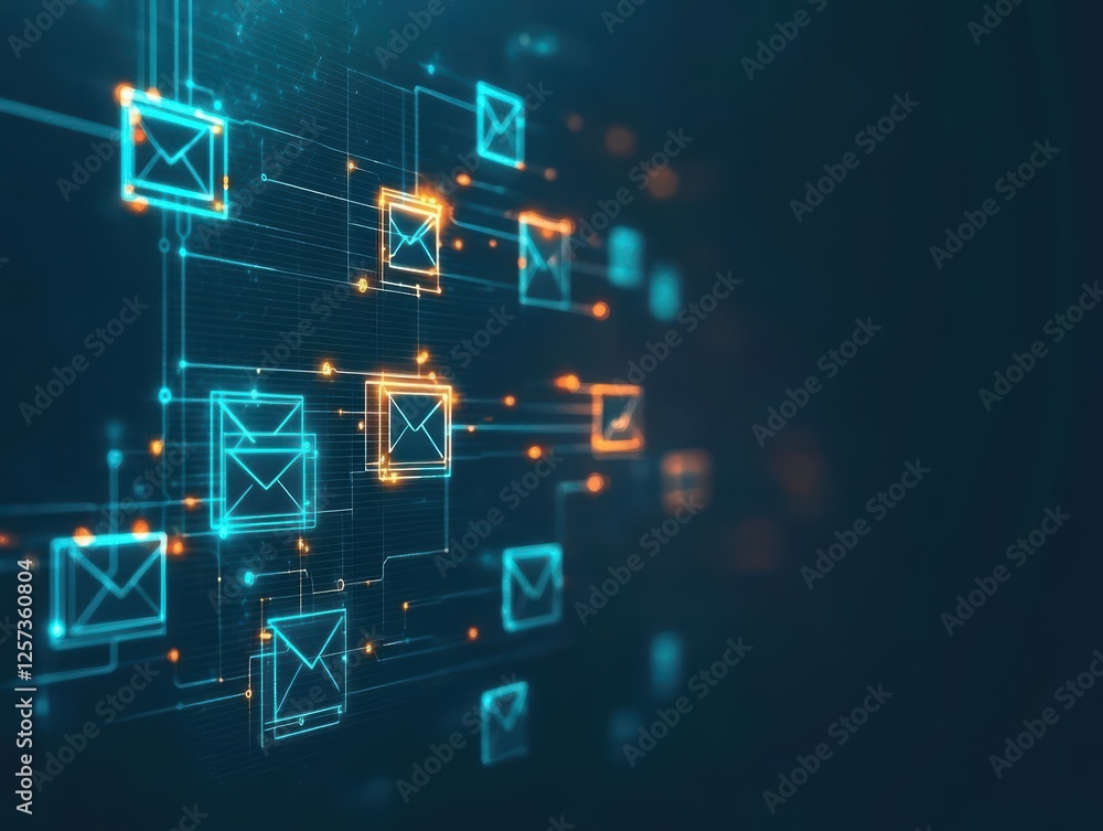 Poster Blue and orange gradient background with a line of email icons representing digital communication