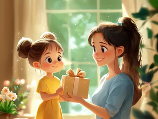 A colorful animated scene captures a joyful moment between a mother and daughter as they exchange gifts, representing love, celebration, and the magic of parenthood.