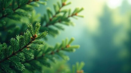 Vibrant Green Coniferous Branch with New Growth in Soft Focus Natural Setting