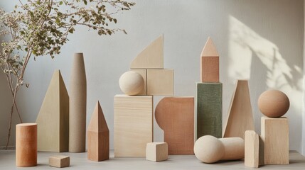 A collection of wooden geometric shapes arranged artistically against a neutral background.