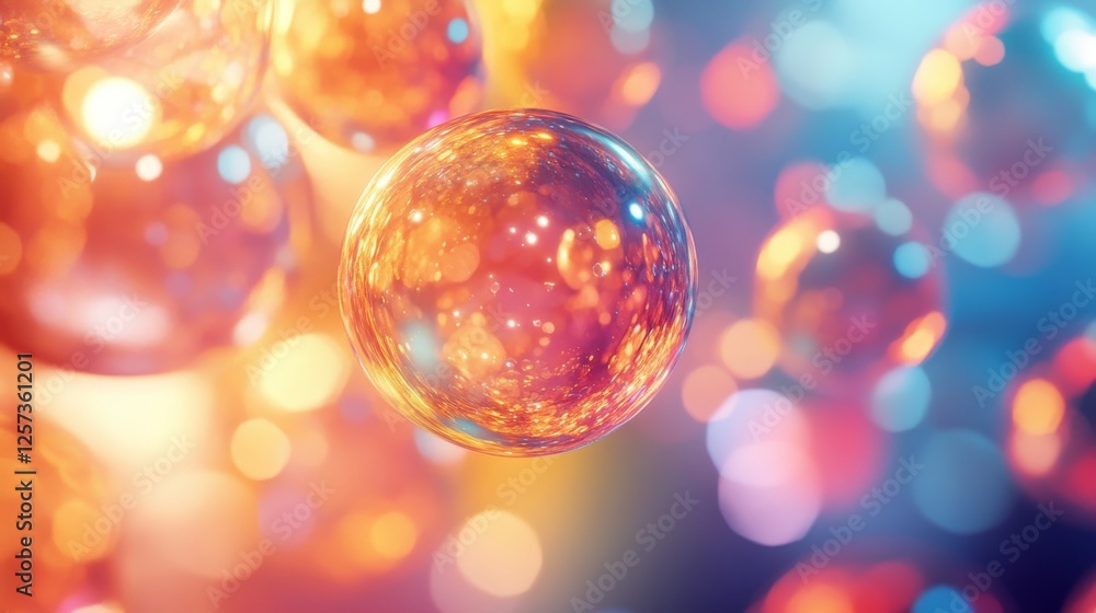 Poster glowing spheres float amidst a shimmering colorful bokeh backdrop