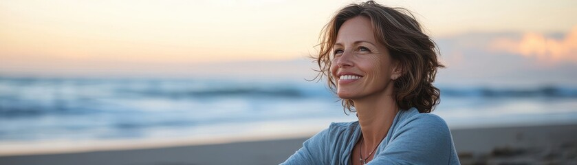 Obraz premium Woman smiling peacefully on a sunset beach