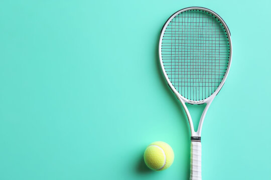 Minimalist tennis racket and ball on vibrant teal background