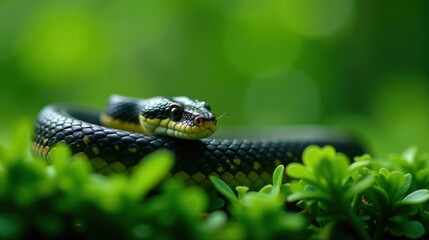 A captivating close-up reveals a sleek, dark-scaled reptile nestled amidst vibrant green foliage, its intense gaze drawing the viewer into a world of natural beauty and intricate detail.