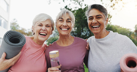 Senior women, friends and happy with exercise, hug and portrait at park, garden and summer with bonding. Elderly group, people and smile with embrace for fitness, training and workout in sunshine