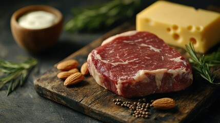 Steak and Cheese:  A raw, marbled ribeye steak, alongside a block of cheese, almonds, rosemary and peppercorns, arranged on a rustic wooden board.