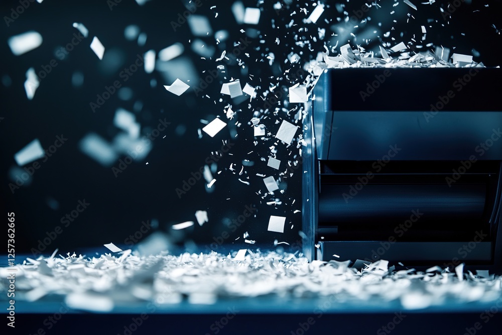 Poster shredding paper: machine destroys documents into tiny particles quickly and efficiently in a dark ro