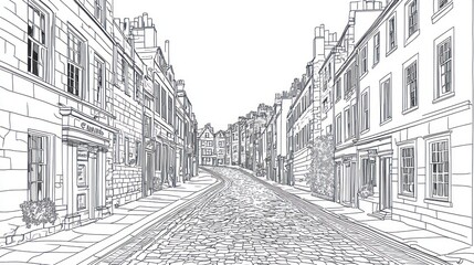 Cobblestone street, historic buildings, Edinburgh, Scotland; travel guide illustration