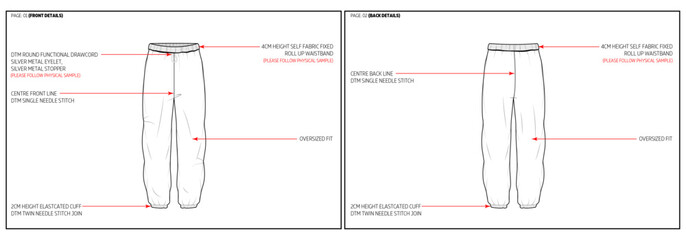 Roll Top Oversized Jogger Fashion Design Technical Tech Pack. 