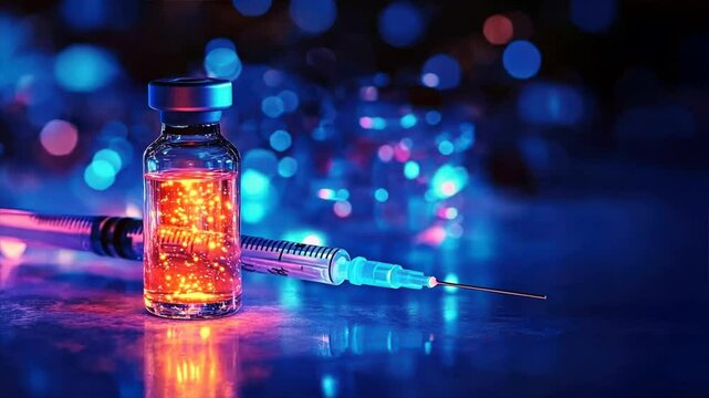 Glass vial filled with glowing liquid and a syringe illuminated by blue light on a table, background blurred for emphasis, vaccination programs, hep b immunization focus