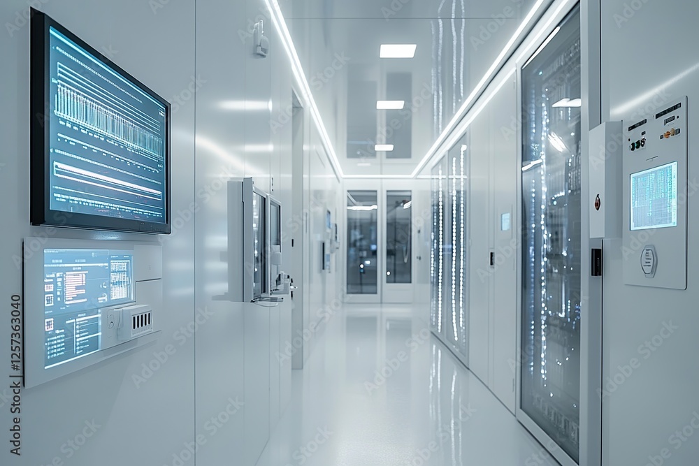 Poster exploring futuristic server room: clean design, advanced technology, efficient infrastructure, moder