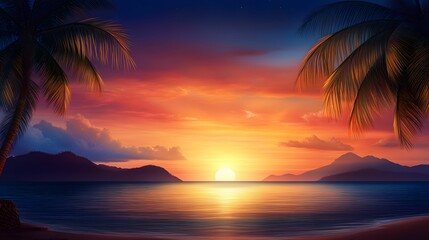 A serene sunset over a tranquil ocean, framed by palm trees, creating a peaceful tropical atmosphere with vibrant colors.