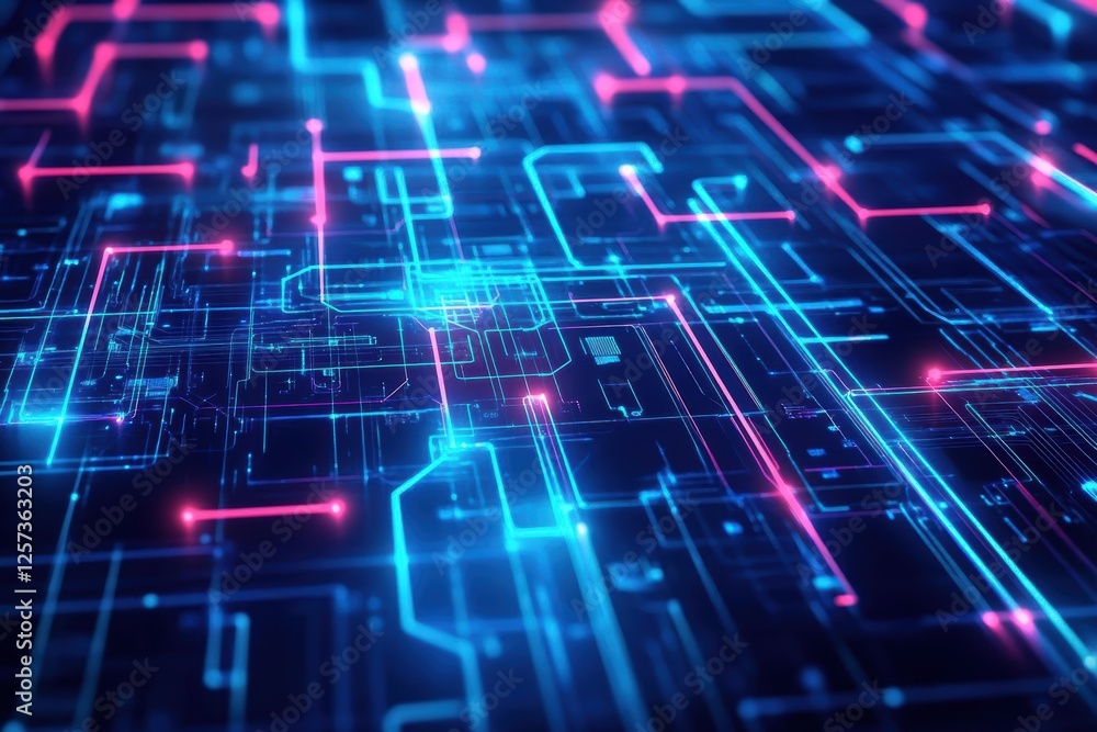 Poster Blue and pink circuit board design with complex lines and patterns for technology background