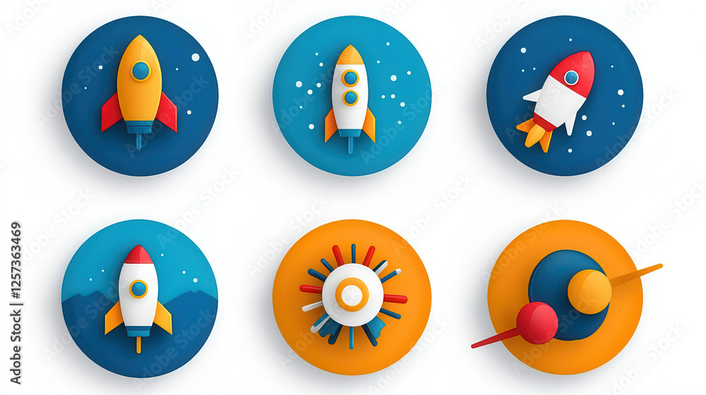 Poster colorful rocket icons in playful design, showcasing space exploration themes with vibrant colors and
