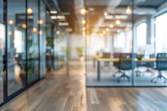 Blurred modern open space office interior with wooden floor, glass walls, desks, chairs, and warm lighting creates a professional and inviting atmosphere
