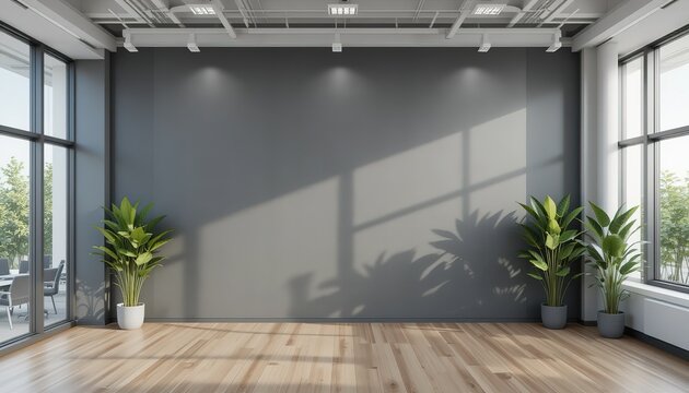 Modern empty grey wall in a spacious office interior with plants and large windows. 3D Rendering, for mockup design, 8k Resolution
