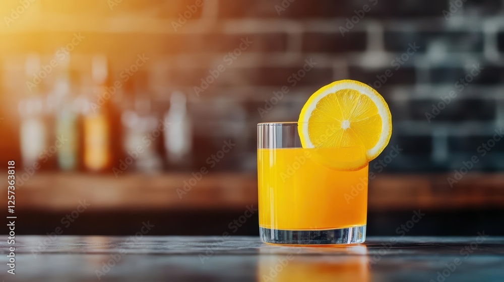 Aufkleber glass of fresh orange juice with a lemon slice on a wooden table background