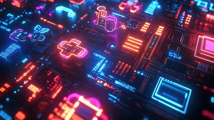 A vibrant futuristic design with glowing tech symbols, gaming controllers, and digital grids