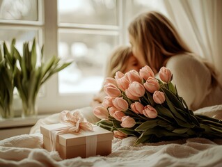 A heartwarming scene featuring a mother embracing her child beside pink tulips and a gift, symbolizing love and connection in a cozy interior setting full of warmth.