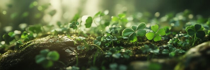 Green clover leaves in droplets of morning dew. St. Patrick's Day celebration, good luck and fortune concept, copy space
