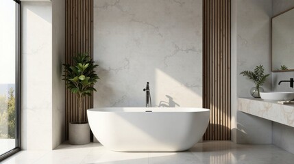Fototapeta premium Serene Modern Bathroom Design Featuring a Freestanding Tub and Minimalist Decor