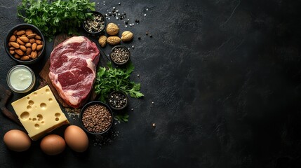 Naklejka premium Ketogenic Diet Food: A mouthwatering selection of keto-friendly ingredients, including a ribeye steak, cheese, eggs, almonds, and seeds, artfully arranged on a dark rustic background.