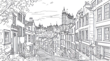 Hilly Edinburgh street, historic buildings, cityscape, travel