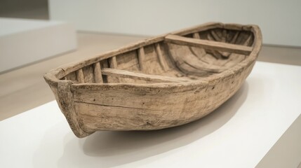 Fototapeta premium Ancient wooden boat museum exhibit, light background