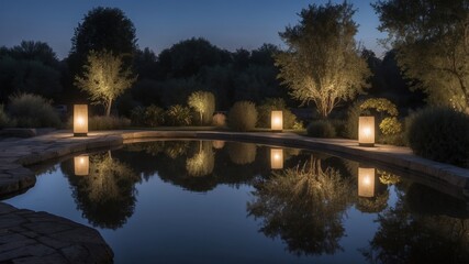 Fototapeta premium Nighttime Garden Pond with Illuminated Lanterns