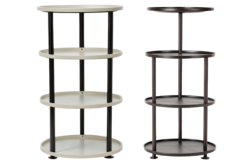 Beige and dark brown three-tiered shelving units isolated with transparent background
