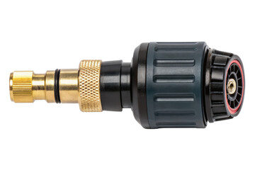 Black and gold pneumatic connector fitting isolated with transparent background