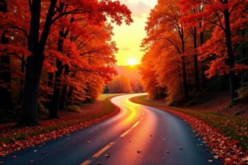 Autumnal Road Winding Through a Canopy of Vibrant Red Leaves at Sunset
