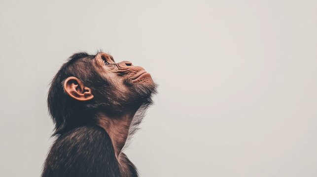 Curious chimp looking up, simple background, zoo setting, educational use