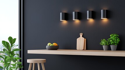Modern Kitchen With Wall-Mounted Lights And Wooden Countertop