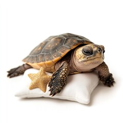 Obraz premium Adorable Baby Turtle Sleeping on Soft White Pillow with Gold Star Peaceful Cute Reptile Animal Wildlife Nature Photography Image pet legs calm small 