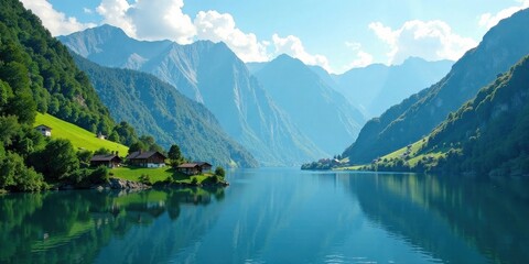 Serene Lakeside Village Nestled Amongst Majestic Mountains and Lush Greenery Reflecting Tranquility and Natural Beauty