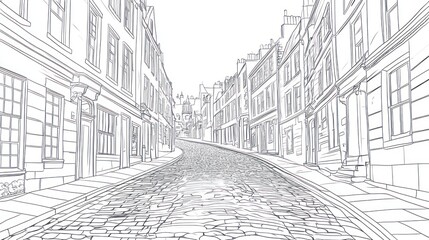Cobblestone street, European city, architecture, perspective drawing, travel guide