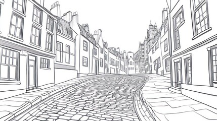 Cobblestone street, Edinburgh, Scotland, sketch, tourism
