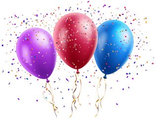 Festive balloons and confetti on white & transparent a background.
